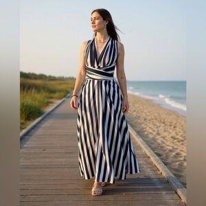 NEW! Boutique Blue White Striped Wrap Versitable Maxi Dress Small Med Large
